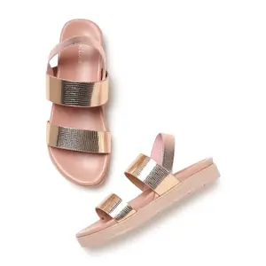 Marc Loire Women's Double Strap Textured Flatform Heel Sandals with Strechable Backstrap (Rose Gold, 3)