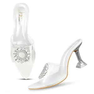 JM LOOKS Stylish fancy heeled Comfertable sandal with transparent slide for women and ladies, Color-White I UK SIZE-4