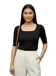 LASOON Women Solid Viscose Stretchable Knitted Top | Breathable Soft Fabric | Slim Fit Casual & Office Wear Top