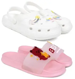 Pampy Angel Combo Pack of 2 Slipper/Flip Flops/Slides/Clogs/Sandals with Adjustable Back Strap for Women,(WCL-Ranbo-White,Bear-Pink),40 (Euro)