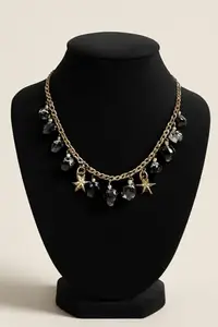 Vintage Gold Chain Necklace with Black Crystal Charms and Star Pendants, Statement Jewelry for Women