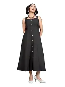 PURVAJA Women's Sleeveless Midi Length Sweetheart Neck Solid Dress