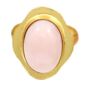 KHN Fashion Design Natural Pink Opal Spiral Wire Wrap Yellow Gold Plated Adjustable Rings For Her