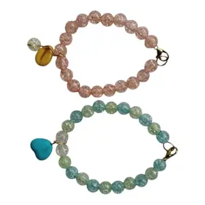 Guru kirpa Crackle Glass Bead Bracelets with Heart Charm for girls and womens, Pink and Blue-Green, Set of 2