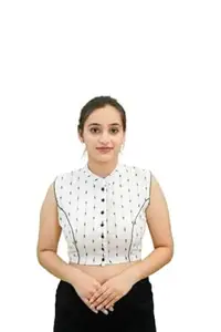 KSD Clothing Women's Sleeveless Crop Top | White & Printed Button-Down, Casual Style | Trendy Western Outfit Women’s Readymade Saree Blouse, Stylish Ethnic Blouse for Women