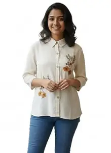 Hitarth Fashion Off-White Khadi Cotton Embroidered Regular Fit Shirt for Women with 3/4 Sleeves