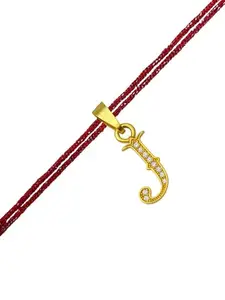 Digital Dress Room J Letter Gold Plated AD Initial Name Maroon Thread Rakhi Lumba for Raksha Bandhan Festival | Rakhee Celebration Bracelet Online for Bhaiya, Bhabhi, Brother, Sister In law