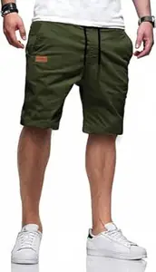 SMOWKLY Men’s Cotton Casual Cargo Shorts | Knee Length Half Pant for Men | Elastic Waist with Drawstring | Regular Fit Shorts | Bermuda Shorts for Men