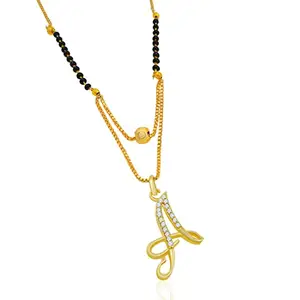 Saizen Brass & Gold Plated AD Studded "A" Alphabet Pendant Black Beaded Chain Traditional Mangalsutra for Women