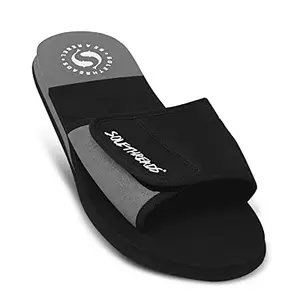 SOLETHREADS FREEWAY | Slides | Velcro Adjustable Strap | Cushioned Footbed | Comfy | Slippers | Flip Flops for Men | UK 11 | BLACK/GREY