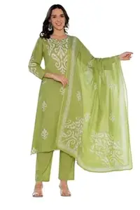 Pistaa's Women’s Elegant Pure Cotton Printed Ethnic Comfort Kurta Pant Dupatta Set for Women