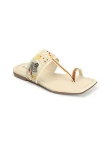 Retro Walk Embellished Open Toe Flats(6125_Cream)