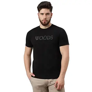 WOODS Men Cotton Printed Relaxed Fit Round Neck Tshirts (Black, M)