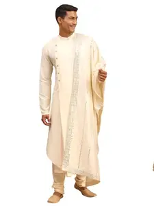 VASTRAMAY Men's Cream Viscose Blend Kurta Pyjama Set With Dupatta | Angrakha Design Asymmetrical Pleated Viscose Kurta, solid Pyjama And Mirror Dupatta.