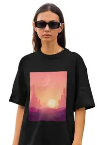 BROKE MEMERS Oversized Cotton Graphic Print Sunset City Black Drop Shoulder T-Shirt for Women and Men (3XL)