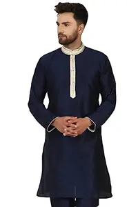 Amazon Brand - Anarva Men's Indian Tunic Art Silk Casual Straight Blue Kurta