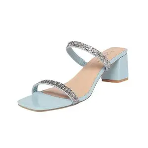 MONROW Soriya Leather Block Heels for Women, Blue, UK-5 | Fancy & Stylish Heel sandals, Casual, Comfortable Fashion Heel Sandal
