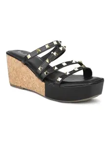 INC.5 Women Black Studded Open Toe Wedge Heels
