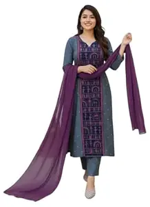 GoSriKi Women’s Rayon Viscose Blend Printed Straight Kurta Set with Pant & Dupatta | Elegant Ethnic Wear for Women | Festive, Office & Casual Wear
