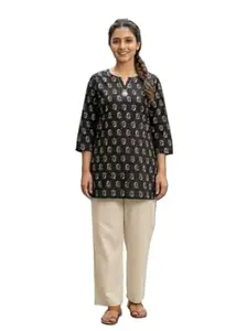JIVAS COLLECTIVES Women’s Pure Katha Cotton & Cotton Floral Print Kurti | Short Tunic Top for Women | Round V-Neck 3/4 Sleeve Ethnic Kurti for Daily & Casual Wear