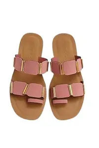 Women's Double Strap Flat Sandals with Gold Accents, Pink, Casual Summer Slides (muted pink, UK Footwear Size System, Adult, Women, Numeric, Medium, 8)