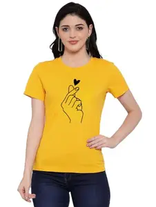 Women's Cotton Blend Hand Heart Line Art Printed T-Shirt (Yellow, L)-PID45259