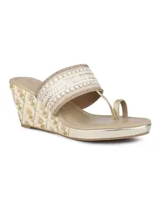 Inc.5 Women Beige & Gold-Toned Embroidered One Toe Wedge Heels