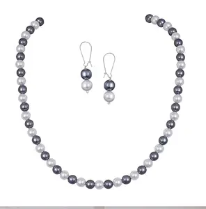 JFL - Jewellery for Less Stylish 6mm White and Grey Japanese Pearl Contemporary Necklace set for Women and Girls - Silver Plated with Adjustable Loops,Valentine