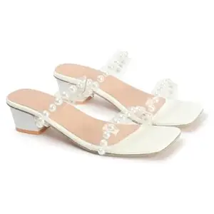 AUSTINE Women Stylish High Heels Sandals | Comfortable Block Heel Slip-On | Fashion Footwear for Women & Girls White