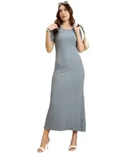DWARROS Stylish Womens Cotton Blend Bodycon Round Neck Solid Midi Dress | Lightweight & Breathable Fabric | Dress for Womens & Girls