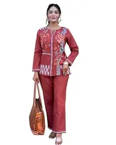 NUTAN ENTERPRISES Women's Cotton Embroidery Straight Kurti with Pant Set
