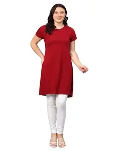 FLEXIMAA Women's Cotton Plain Round Neck Half Sleeve Maroon Color Long Top M Size