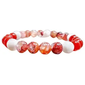RRJEWELZ Natural Fire Quartz, Carnelian & Moonstone 8mm Round Shape Smooth Cut Beads 6.5 Inch Stretchable Bracelet For Men & Women. Unisex Bracelet For Healing, Meditation & Luck|STBR_RR_11249_6.5