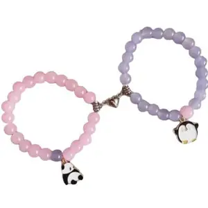 SUPER SOFTENER SUPERSOFTNER Magnetic Bracelets 2Pcs Love Heart Matching Panda and Penguin Kitty Beads Bracelet Set Adjustable Bracelets for Men Women Couples Friends Gift Friendship - (Pack of 2)