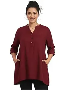 Angoori Fashion Women's Roll-Up Sleeve Tunic Top, V-Neck with Button Front, Side Pockets, Rayon Short Kurti