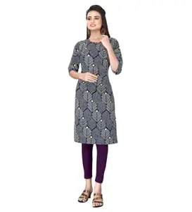 Women's Casual 3/4th Sleeve Printed Polyester Knee Length Straight Kurti (Blue, M)-PID45501