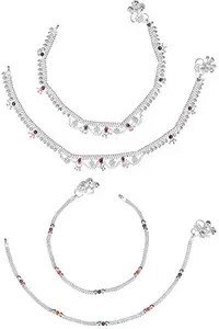 AanyaCentric Pack of 2 Pair Indian Traditional Ethnic White Metal Anklet Silver Leg Bracelet For Women Payal Girls Kolusu
