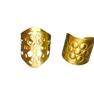 Handcrafted Gold-Tone Statement Rings Set, Wide Cuff Design with Geometric Cutout and Embossed Pattern, Set of 2