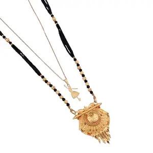 MALKYN Women's Gold Plated Ethnic Mangalsutra with Red and Black Enamel Work and Ballerina Pendant Layered Necklace Set, Traditional Black Beaded Indian Jewelry-MD-149