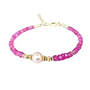 RRJEWELZ Pink Sapphire With Fresh water Pearl bracelet for men & women - 3-8mm Rondelle & Round Faceted beads - 7 Inch Adjustable with Gold plated clasp – Healing, Fashion, Gift, Spiritual, Yoga|LCBR_RR_08388