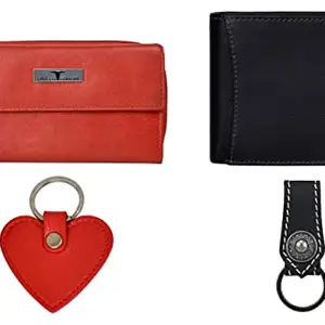 URBAN FOREST Spencer Red Leather Wallet for Women, Black Leather Wallet for Men & Keychains Combo Gift Set for Couple
