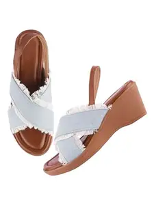 TRYME Fashionate Wedge Slip On Sandal Alluring Denim Strap Durable Stylish Platform Party Heels For Womens & Girls