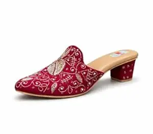EZZIAUTO Women's Embroidered Mule Heels, Handmade Beaded Slip-On Sandals with Block Heel, Cushioned Insole, Non-Slip Sole for Wedding, Party