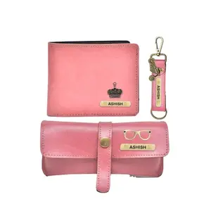 YOUR GIFT STUDIO Leather Customized All in One Men's Combo Gift (3 pcs) Wallets, Key Chain, and Eyewear Case (Peach)