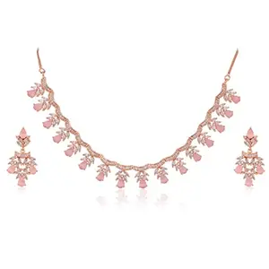RATNAVALI JEWELS American Diamond Rose Gold Plated Traditional Fashion Jewellery Pink Necklace Set with Earring for Women/Girls RV4133P-RG