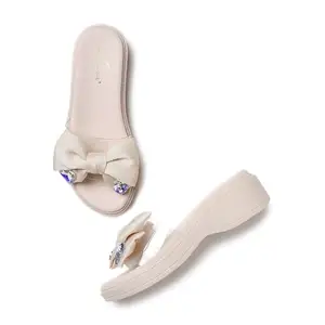 Marc Loire Women's Bow Embellished Slip-On Platform Heel Fashion Sandal for All Occasion (Cream, 7)