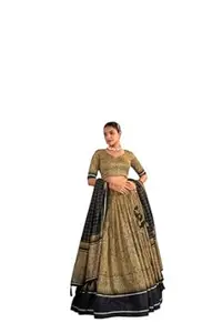 LooknBook Art Lehenga Choli Set, Natural Silk, Kalamkari Print with Lace Border, Sequins and Thread Embroidery Work, Free Size