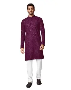 AishwarryaLaxmi Men's Chikankari Embroidered and Mirror Work Straight Sequence Kurtas Wine (X-Large)