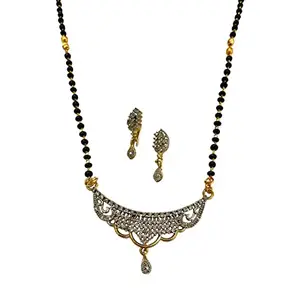 Digital Dress Room Long Mangalsutra Earring set Designs Gold Plated Necklace Mangalsutra Maharashtrian Style Tanmaniya Fancy AD Pendant Single Line Black Beads Chain Gold Mangalsutra Designs For Women (31 Inches)
