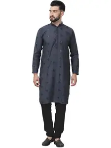 SOJANYA (Since 1958 Men's Cotton Silk Sequinned Neck Embroidered Grey Kurta with Black Pyjama